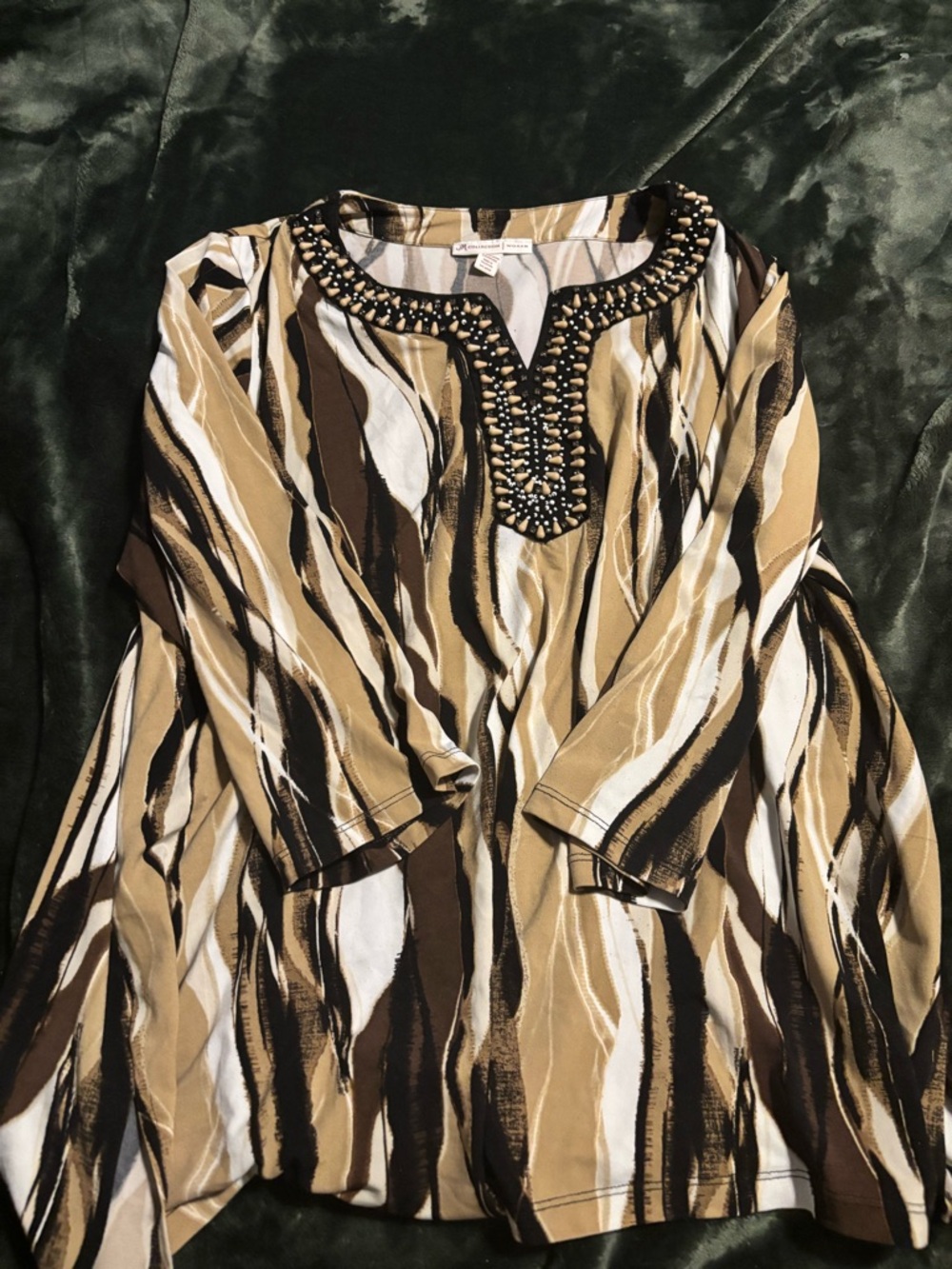 JM Collection Beaded V-Neck Tunic Top - Black, Tan & Cream